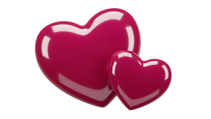 Two pink hearts on a white surface, shiny and reflective, love symbol isolated on transparent background