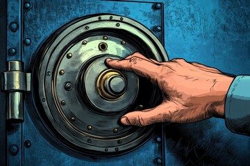 Cartoon hand holding a metal bank safe vault, set against a blue background, symbolizing security and protection of assets, Generative AI