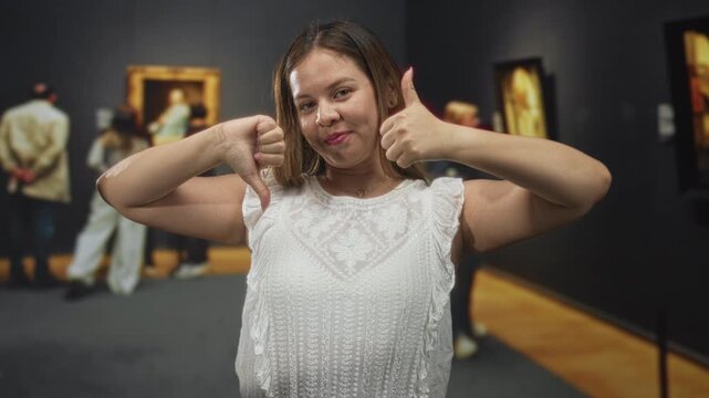 Woman with bare arms showing thumbs up and thumbs down gesture in gallery building; ambivalence choice.