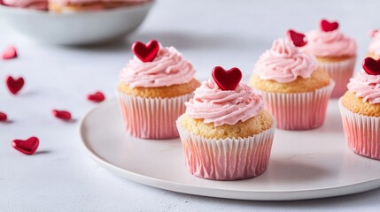 Front view of Valentine's cupcakes with pink frosting and heart decorations, arranged on a plate, perfect for celebrating love and special occasions with copy space