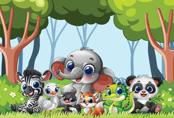 Fototapeta premium Cute Baby Animals Sitting Together in Forest Clearing