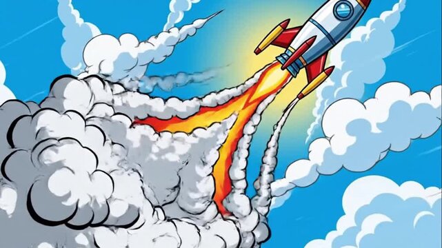 Cartoon style rocket launch soaring through blue sky