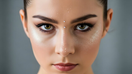 Fototapeta premium Woman with cosmetic glitter on her face and eyes looking directly
