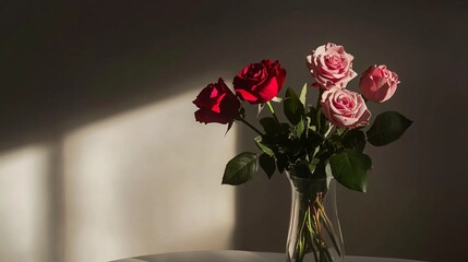 Minimal bouquet of red and pink roses in a clear vase on a neutral tabletop, showcasing natural beauty and soft lighting with copy space