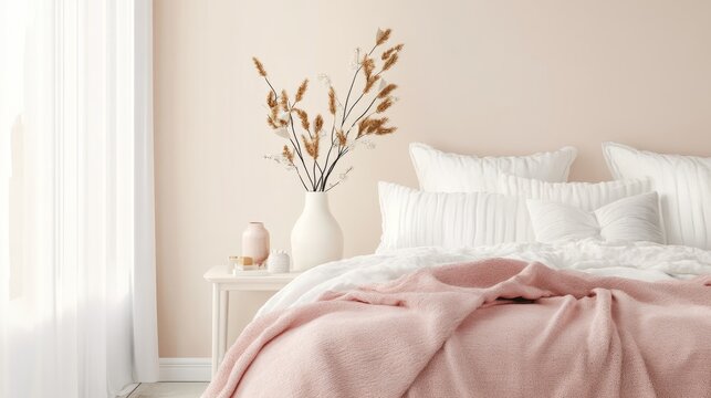Minimal bedroom setup featuring soft blanket and romantic accent decor, showcasing a cozy atmosphere with natural light and inviting textures