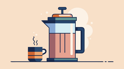 A coffee pot with a cup of coffee next to it. The coffee pot is a French press and the cup is a ceramic mug. Concept of warmth and comfort, as the coffee pot