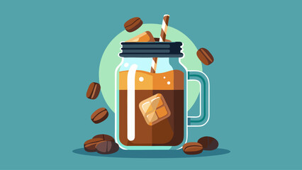 A mug of coffee with ice cubes and coffee beans on top. The mug is on a blue background