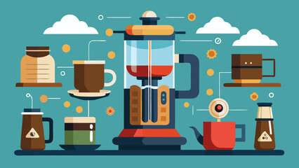 A colorful illustration of a coffee machine with various cups and mugs surrounding it. Concept of warmth and comfort, as it showcases the different types of coffee