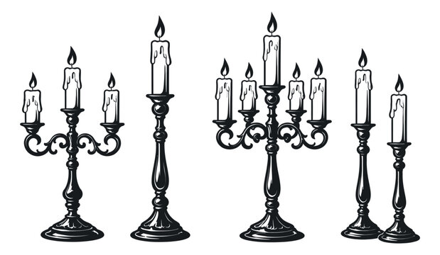 Ornate line art candelabra and candle holder set featuring elegant designs for gothic or vintage decor