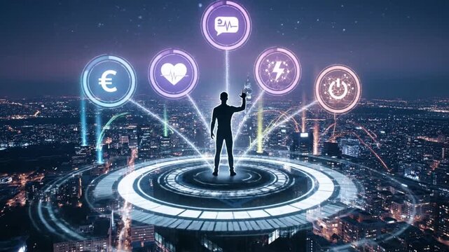 space shuttle launch, space shuttle in the city, a man a
is touching icons on a virtual screen