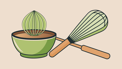 A green bowl filled with a green substance sits on a table next to a green whisk and a green spatula. The bowl is likely used for mixing or serving the green substance