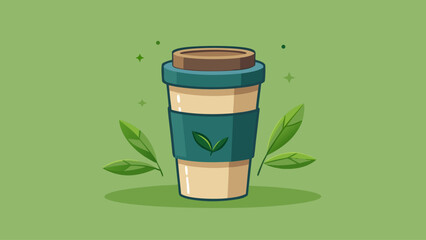 A coffee cup with a green lid and a leaf on it. The cup is sitting on a green background