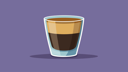 A glass of coffee with a brown liquid in it. The coffee is in a glass and is sitting on a purple background
