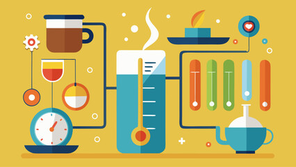 A colorful drawing of a coffee machine with a thermometer and a timer. The drawing conveys the idea of a busy coffee shop with various drinks and equipment