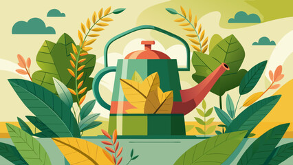 A green tea kettle with leaves on top of it is surrounded by green leaves. The leaves are in various sizes and are scattered around the kettle. The scene is set in a garden with a green background