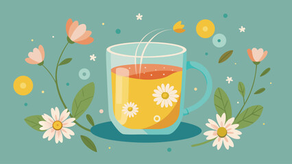 A cup of tea with flowers on the side. The flowers are yellow and pink