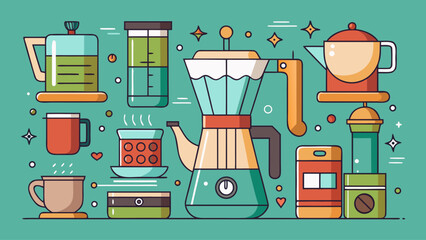 A colorful illustration of various kitchen appliances and utensils, including a coffee maker, a tea kettle, a coffee pot, a coffee grinder, a coffee maker, a coffee maker, a coffee maker, a coffee mak