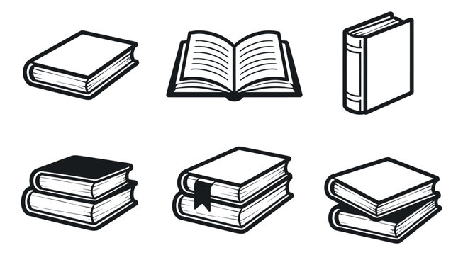 Hand drawn line art book icon set featuring open, closed, and stacked books with a bookmark for education and literature themes