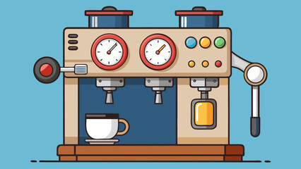 A coffee maker with two dials and a cup on the counter. The dials are red and white and the coffee maker is on a wooden table