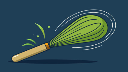 A green whisk is shown with a brown handle. The whisk is spinning and has a green handle