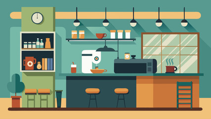 A kitchen with a clock on the wall and a microwave on the counter. There are several cups and bowls on the counter, and a potted plant on the left side of the room. The kitchen is clean