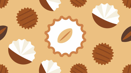 A pattern of cookies and nuts with a white circle in the middle. The cookies are brown and the nuts are brown and white