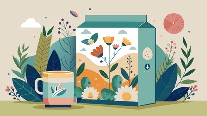 A box of cereal with a flowery design and a cup of tea. The image has a peaceful and calming mood, with the flowers and the tea suggesting a relaxing and soothing experience