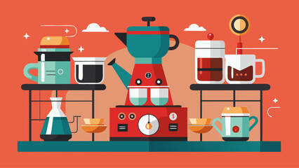 A colorful coffee shop scene with various coffee-making equipment and cups. Scene is cheerful and inviting, with the bright colors