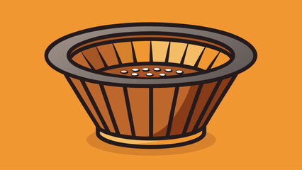 A bowl with a lot of small white objects in it. The bowl is brown and has a wooden rim