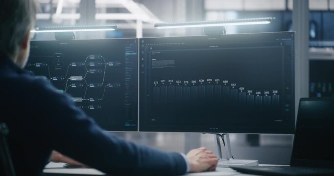 Monitoring Big Data Metrics in Server Hall. Professional Male Manager Sitting at Desk Monitors Performance Metrics on Dual Screens Against Backdrop of Server Racks. Management and Big Data Analysis.