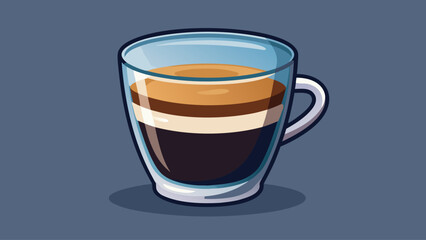 A glass of coffee with a blue rim. The coffee is brown and has a creamy texture. The cup is half full