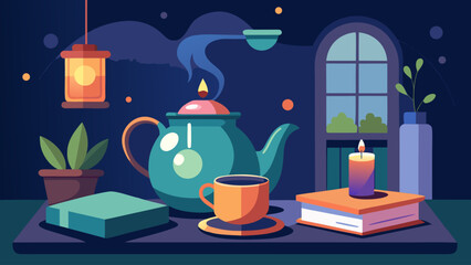 A tea set with a teapot, a cup, and a book is on a table. The table is lit by a candle and a lamp. The scene is cozy and inviting, perfect for a relaxing evening