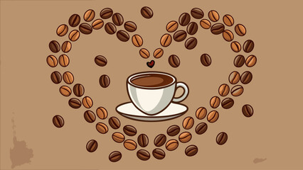A coffee cup with a heart on it is surrounded by coffee beans. Concept of warmth and comfort, as the coffee cup and beans are associated with the beverage that is often enjoyed in cozy settings