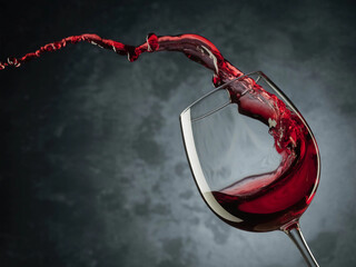 Dramatic high speed photography captures vibrant red wine splashing from glass