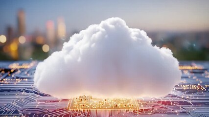 Cloud Technology Concept: A fluffy, white cloud rests gently on a high-tech circuit board, symbolizing the convergence of cloud computing and cutting-edge technology, set against a blurred cityscape. - Powered by Adobe