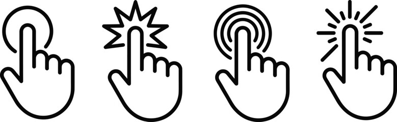 Obraz premium Minimal line icons of hand pointer clicking and tapping symbols showing digital interaction gestures for touchscreen interfaces, user interface design, and modern technology concepts.