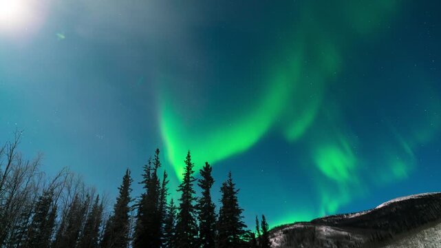 Timelapse of Aurora Borealis Northern Lights over winter landscape in Fairbanks, Alaska