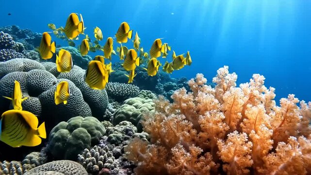 Underwater coral reef with yellow fish