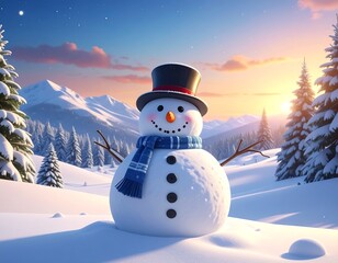 Obraz premium Adorable snowman in winter wonderland, mountains in background