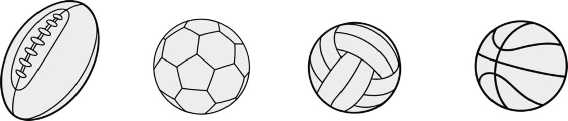 Vector illustration of four popular sports balls&mdash;rugby, soccer, volleyball, basketball&mdash;on white background for athletic, educational, and recreational design use.