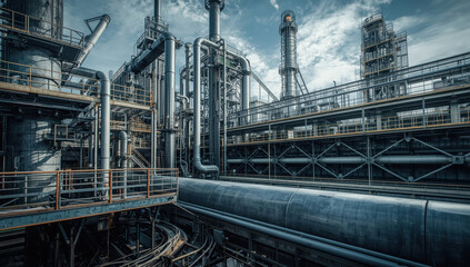 Fototapeta premium Industrial plant exterior with complex piping and towers under moody sky, dramatic atmosphere