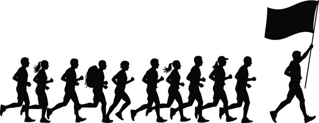 Obraz premium Silhouette of a Group of People Running a Marathon led by a Male Runner Holding a Flag Symbolizing Teamwork Leadership and Determination