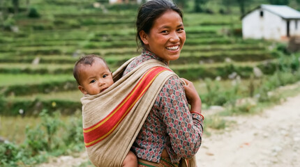 Smiling mother carrying her baby on her back in a traditional sling with terraced fields behind her