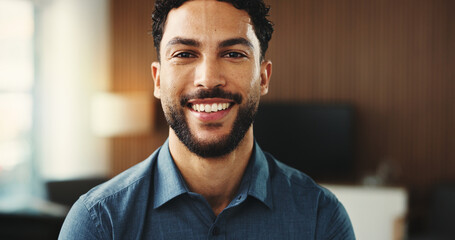 Obraz premium Realtor, happy or man in agency with portrait, pride or experience as property seller. Smile, space or real estate agent in office with confidence, job goals or profession in housing market.