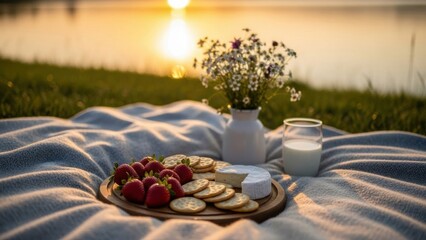 Romantic lakeside picnic setup with cheese strawberries and flowers at sunset