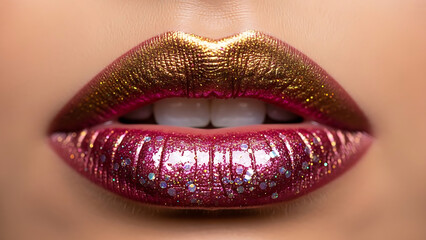 Obraz premium Womans lips with shiny pink and gold lipstick closeup