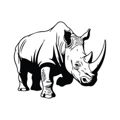 Fototapeta premium Black and white rhinoceros sketch on white background with strong horn and skin