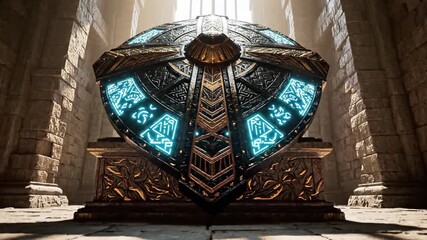 A large, ornate, metallic object with glowing blue windows sits atop a decorative pedestal in a stone room with high ceilings and columns