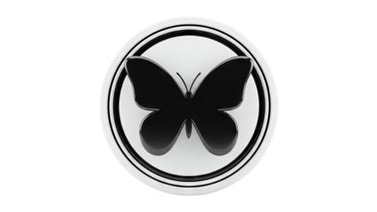 Black Butterfly Icon on White Circle with Rings