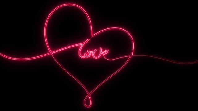 Neon heart light. Glowing love sign. Continuous line. Romantic visuals. Red light motion. Valentines decor. Digital art glow. Heart pulse fx. Love script neon. Aesthetic red vibe.
